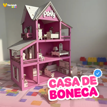 Carregar imagem no visualizador da galeria, Casinha De Boneca Em Mdf Com Kit De 19 Mini Móveis Brinquedo Infantil