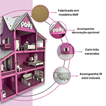 Carregar imagem no visualizador da galeria, Casinha De Boneca Em Mdf Com Kit De 19 Mini Móveis Brinquedo Infantil
